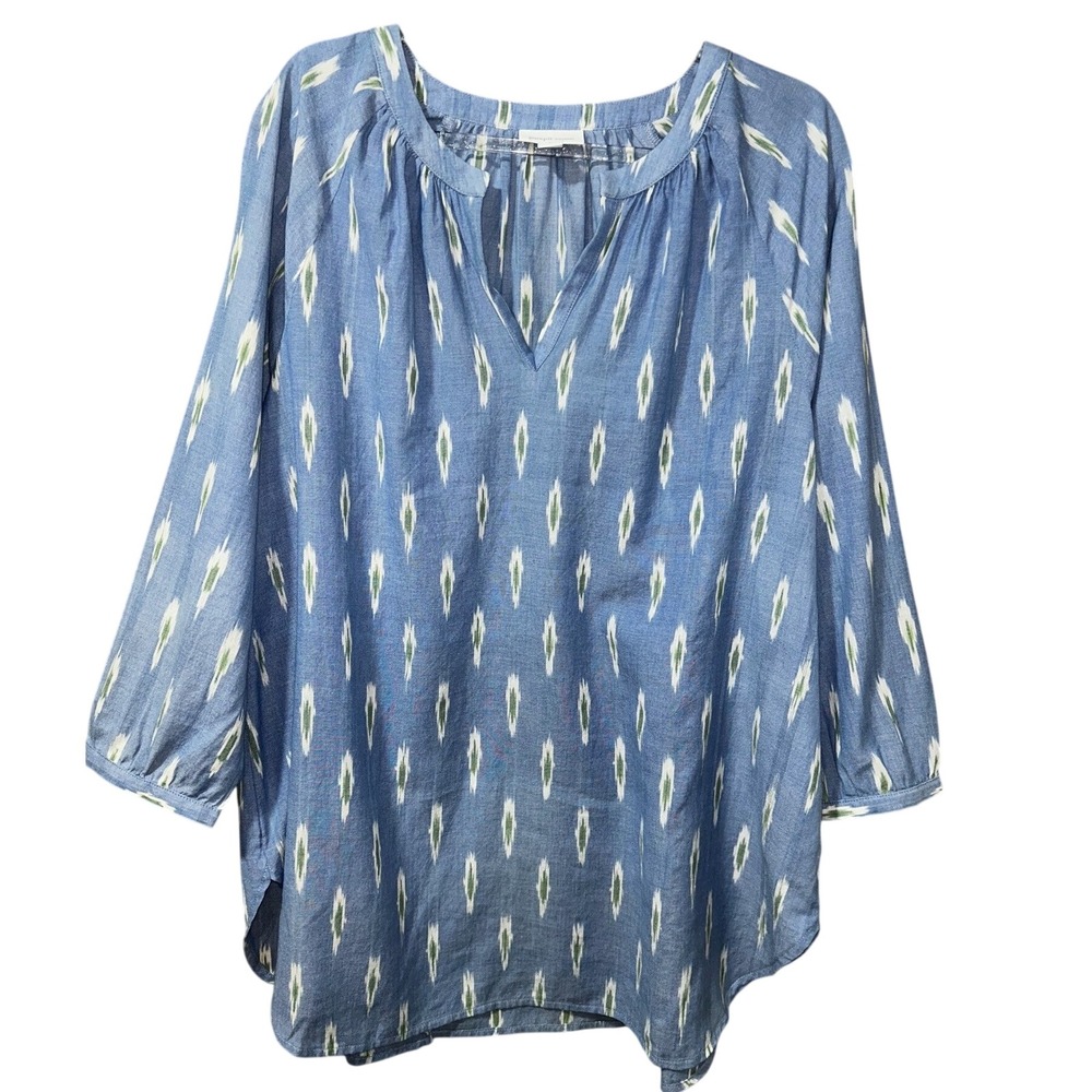 J.Jill Blue Ikat Print Novelty Tunic Blouse Split V-Neck 3/4 Sleeve Small - Picture 1 of 4